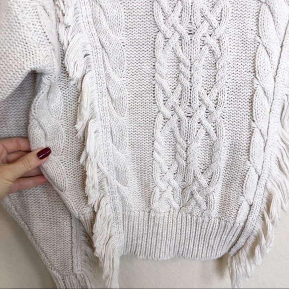 New Leith Cable Knit Fringe Sweater in Beige Oatmeal Light Heather - Picture 5 of 9